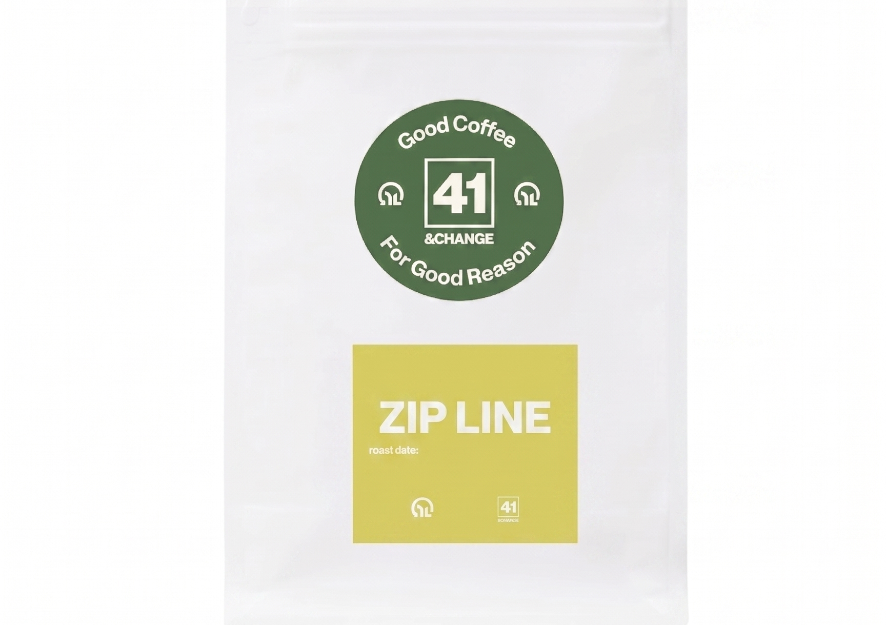 41&Change Zip Line espresso blend coffee bag, front view showing green logo and yellow label
