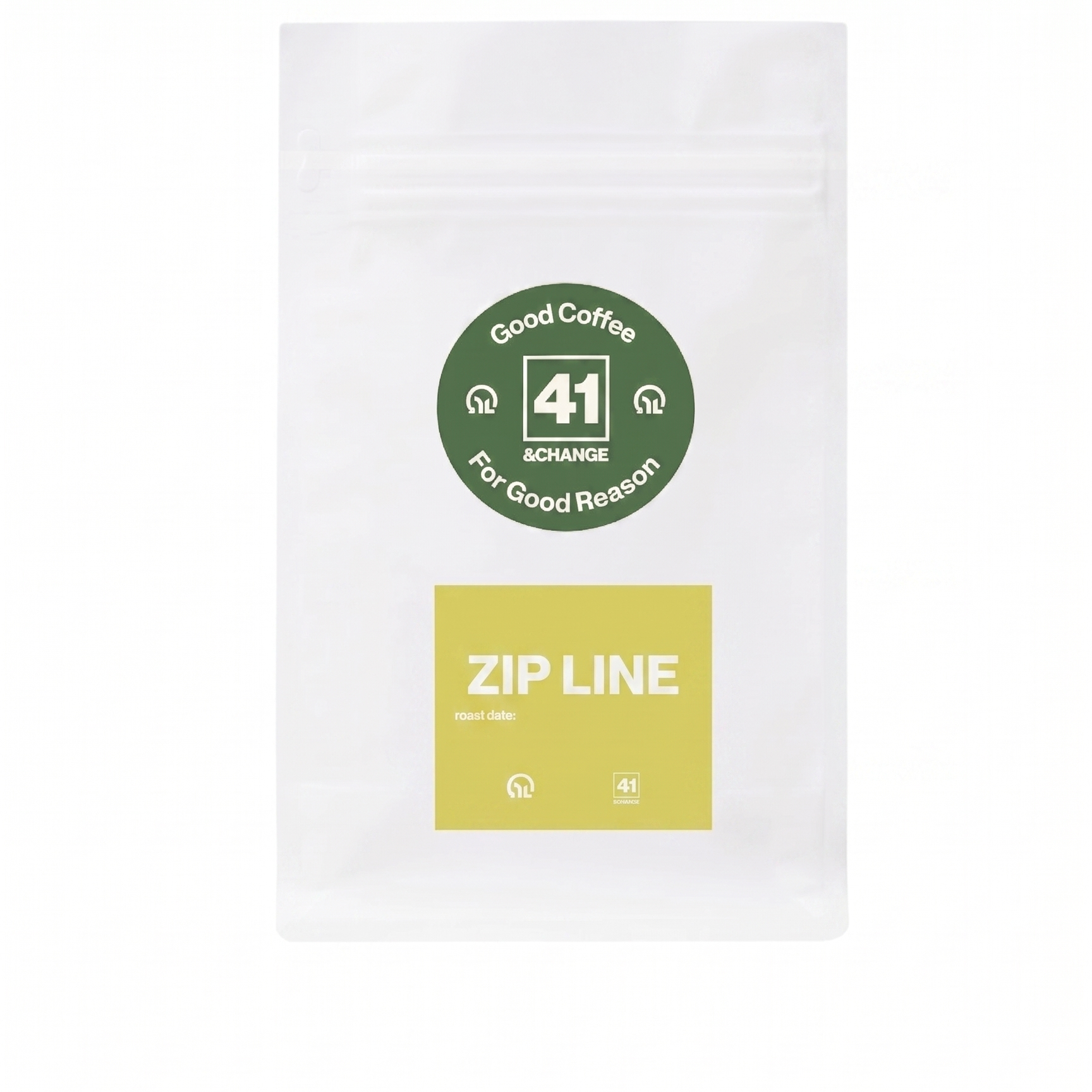 41&Change Zip Line espresso blend coffee bag, front view showing green logo and yellow label
