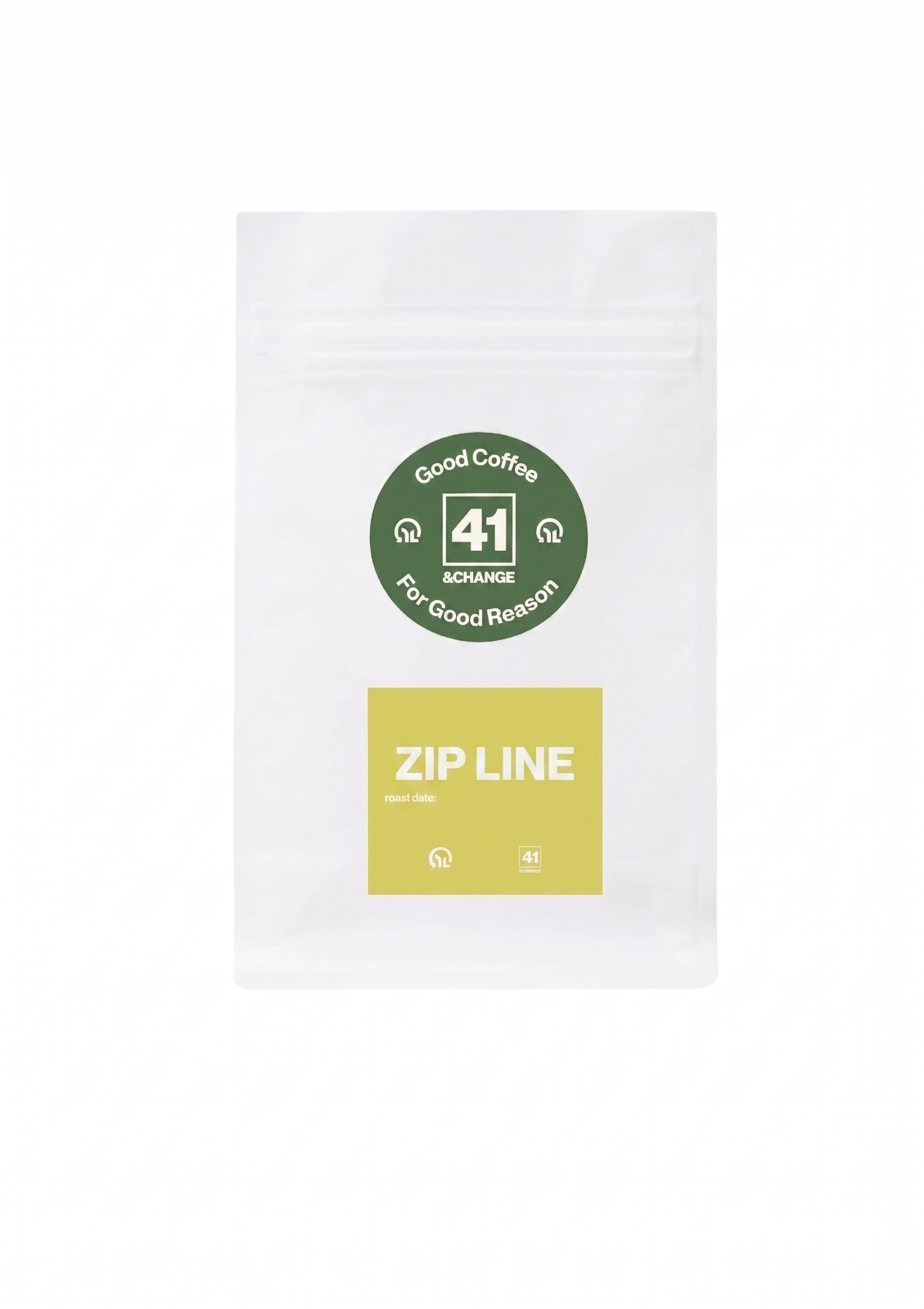 41&Change Zip Line espresso blend coffee bag, front view showing green logo and yellow label