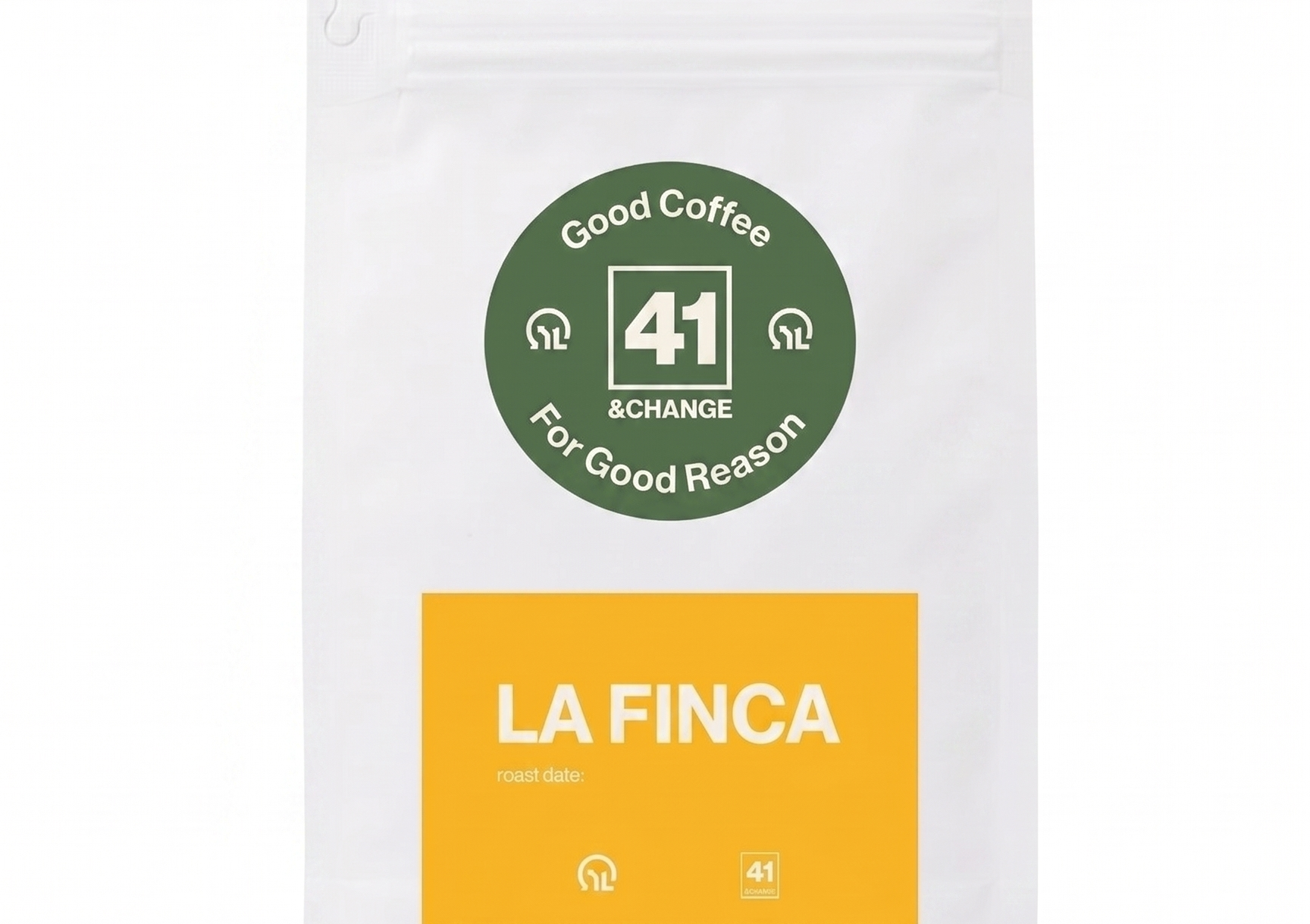 41&Change La Finca Nicaraguan dark roast coffee bag, front view showing green logo and orange label