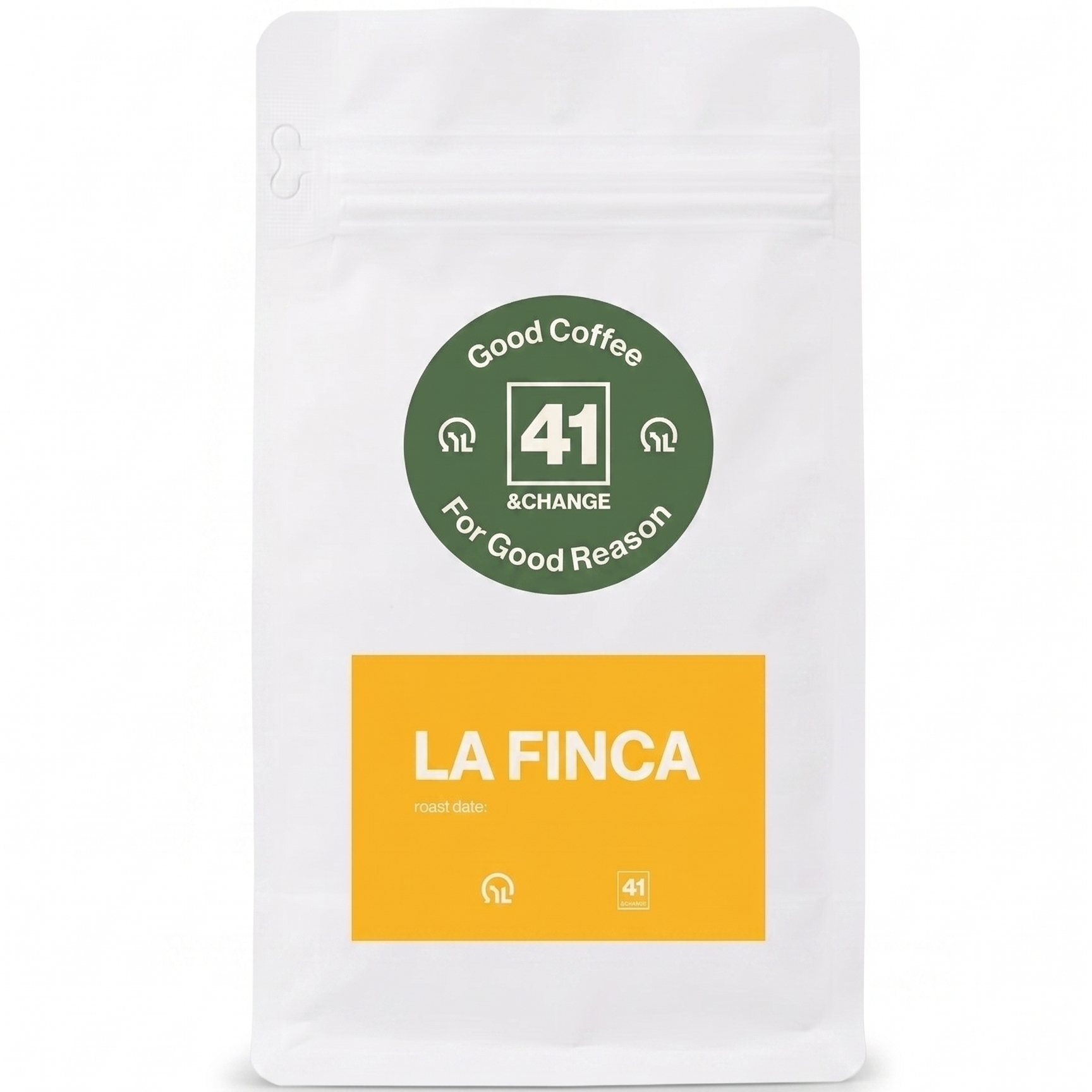 41&Change La Finca Nicaraguan dark roast coffee bag, front view showing green logo and orange label
