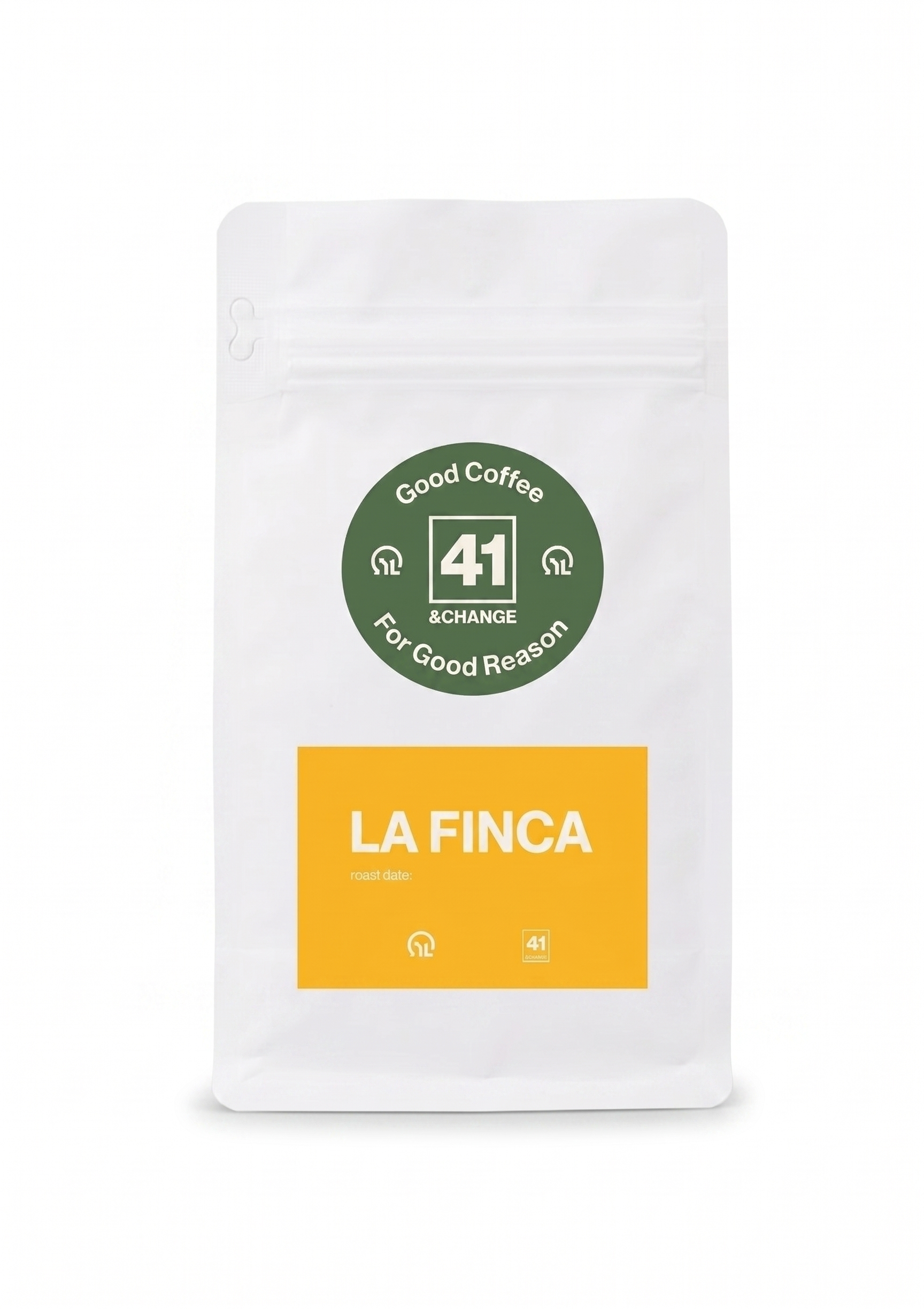 41&Change La Finca Nicaraguan dark roast coffee bag, front view showing green logo and orange label
