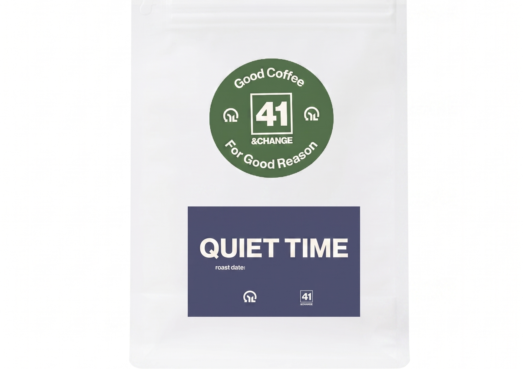 41&Change Quiet Time decaf dark roast coffee bag, front view showing green logo and navy label