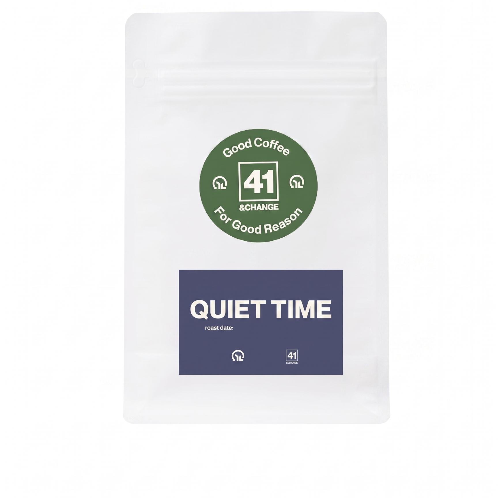 41&Change Quiet Time decaf dark roast coffee bag, front view showing green logo and navy label
