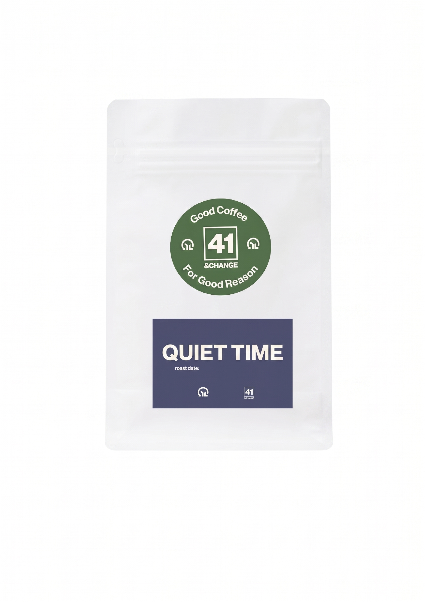 41&Change Quiet Time decaf dark roast coffee bag, front view showing green logo and navy label
