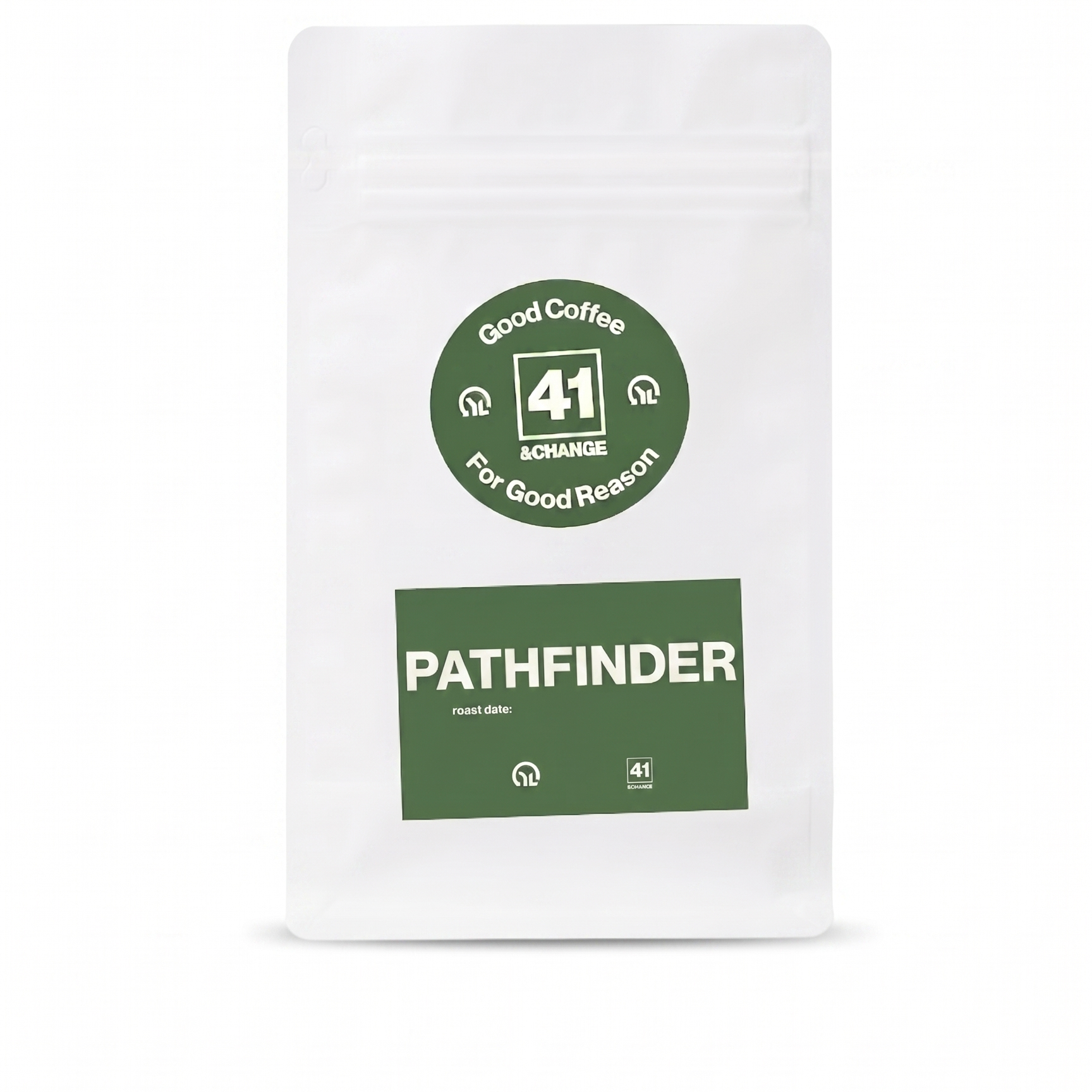41&Change PathFinder dark roast coffee bag, front view showing green logo and label