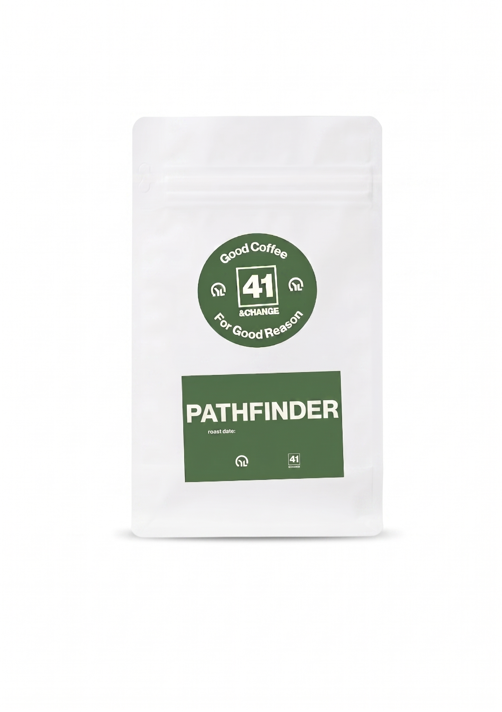 41&Change PathFinder dark roast coffee bag, front view showing green logo and label
