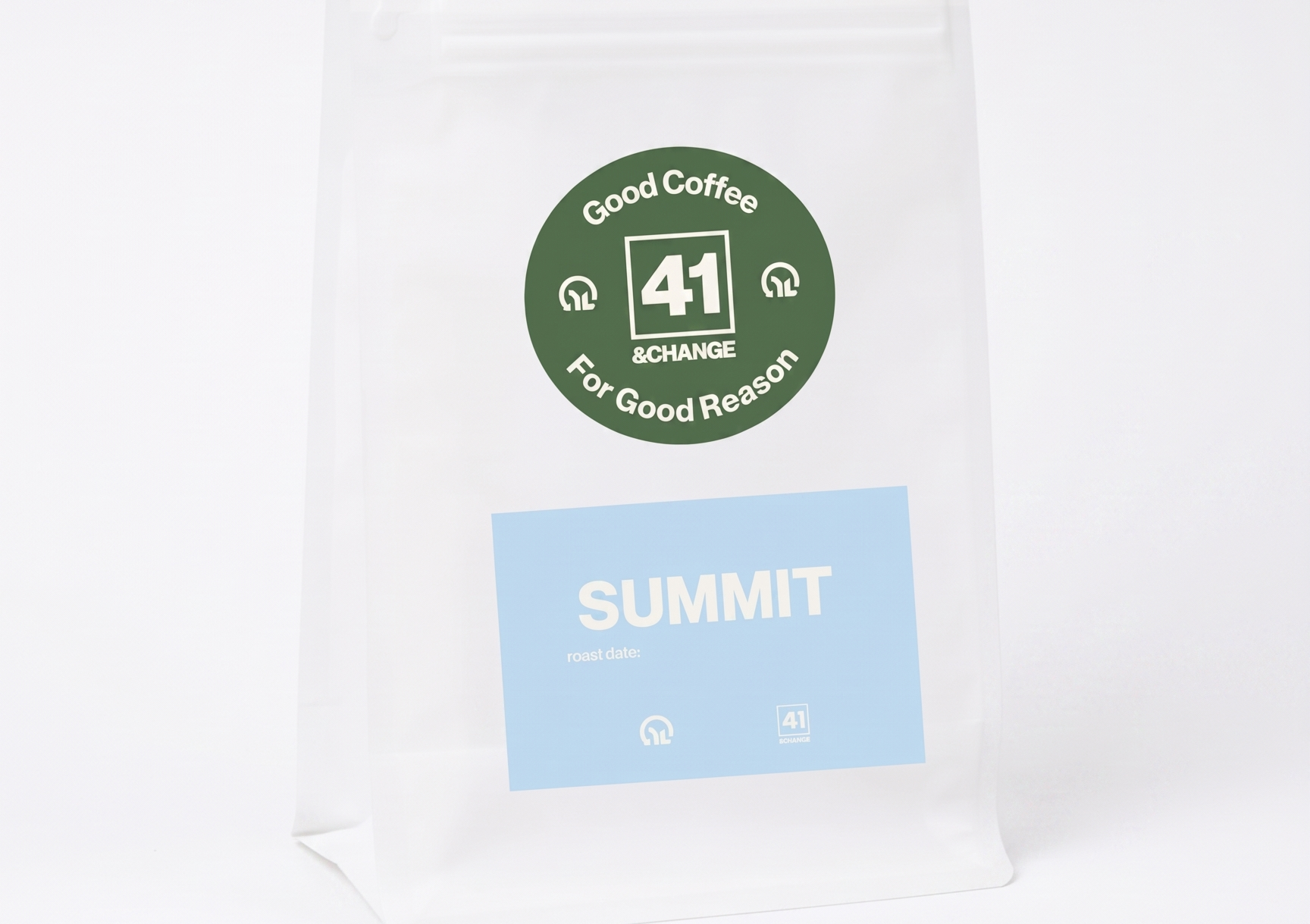 41&Change Summit light roast coffee bag, front view showing green logo and blue label