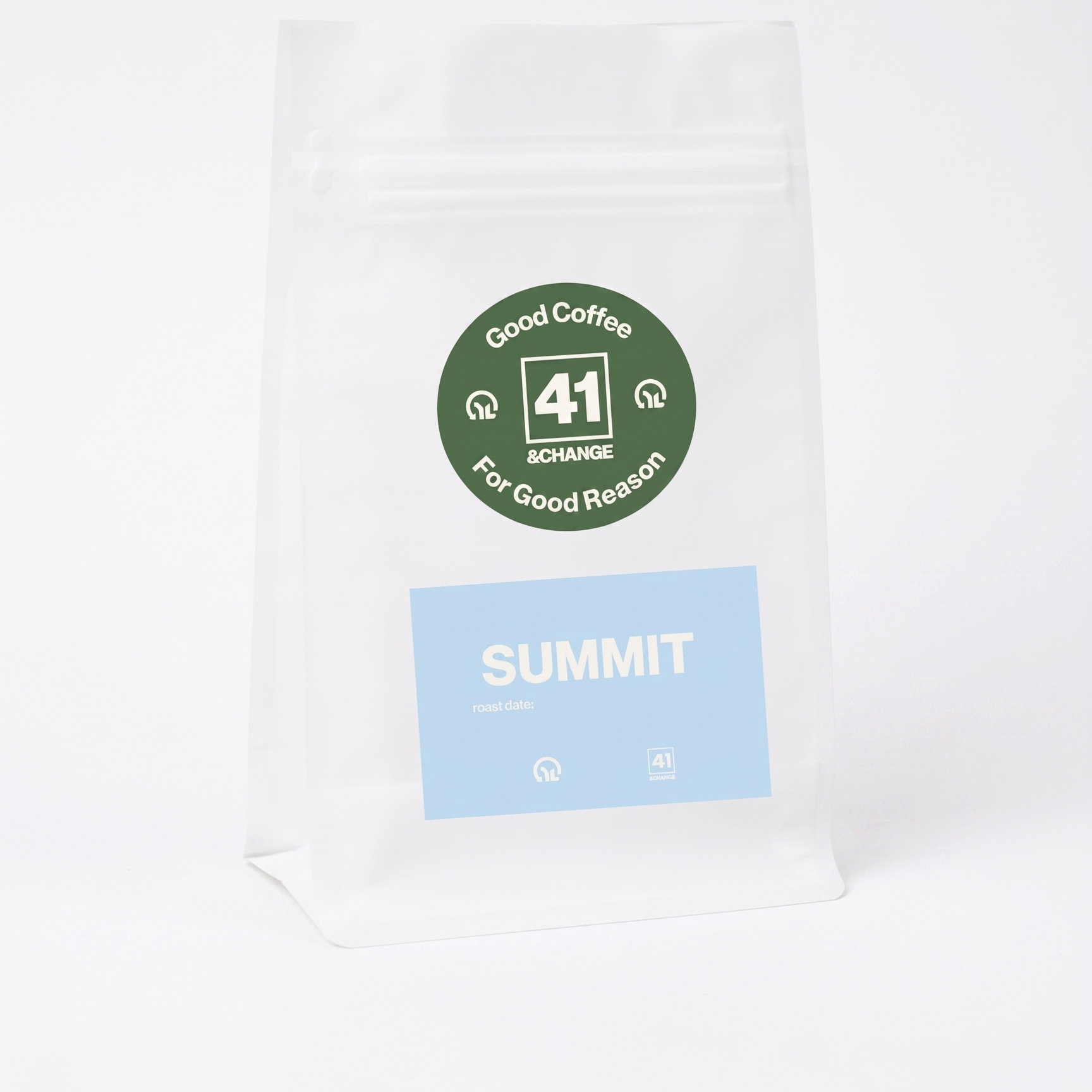 41&Change Summit light roast coffee bag, front view showing green logo and blue label