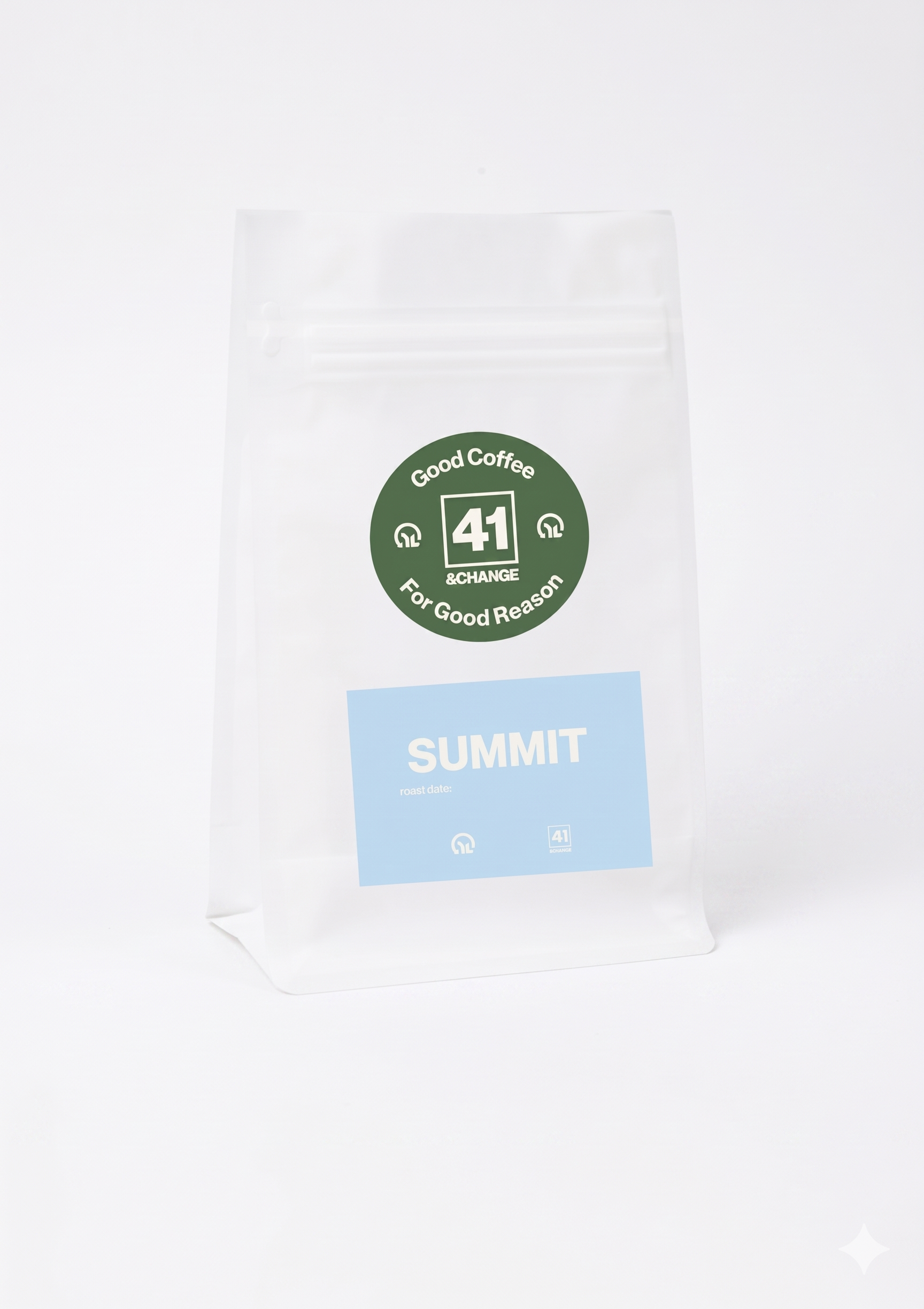 41&Change Summit light roast coffee bag, front view showing green logo and blue label