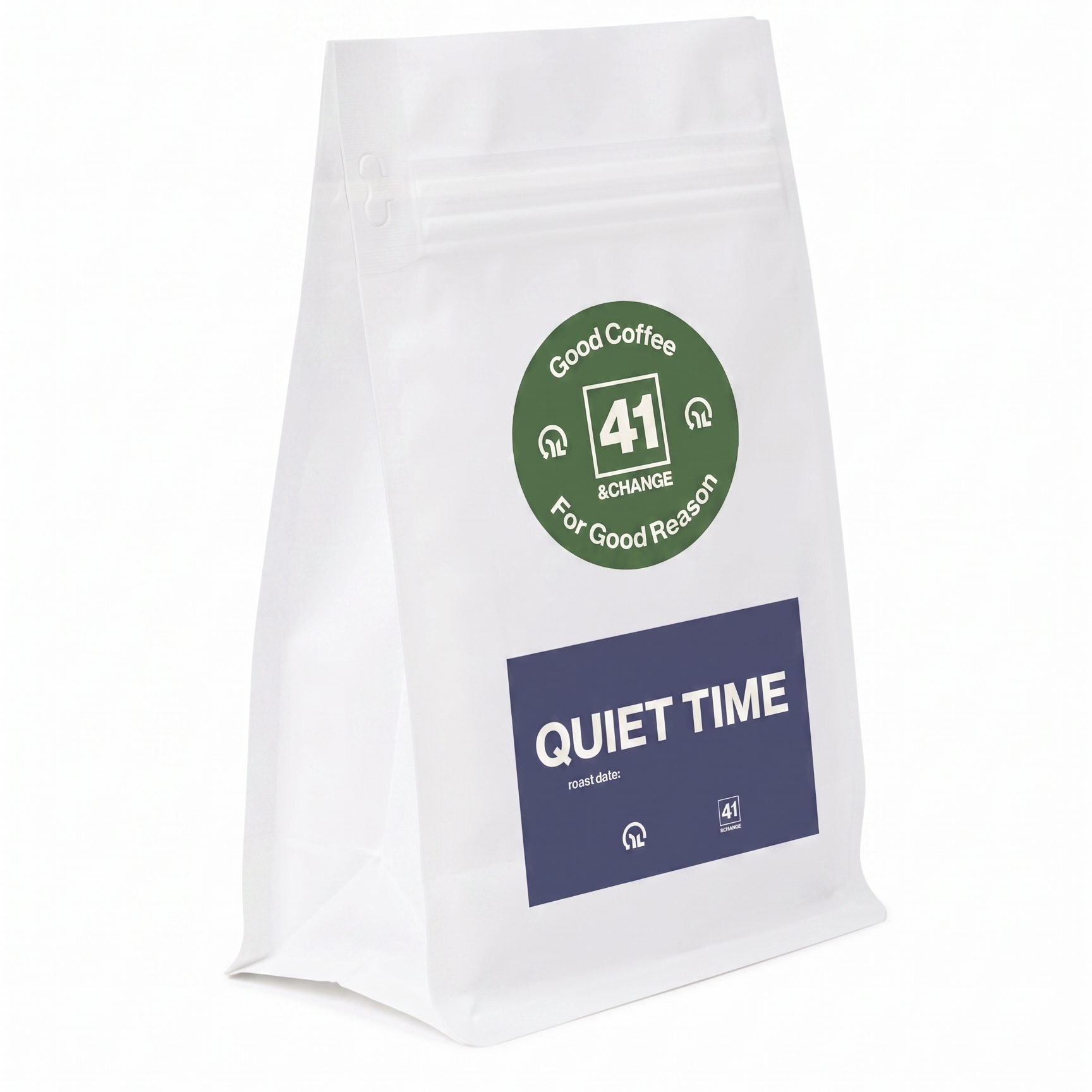 Quiet Time decaf dark roast coffee bag, right side angle