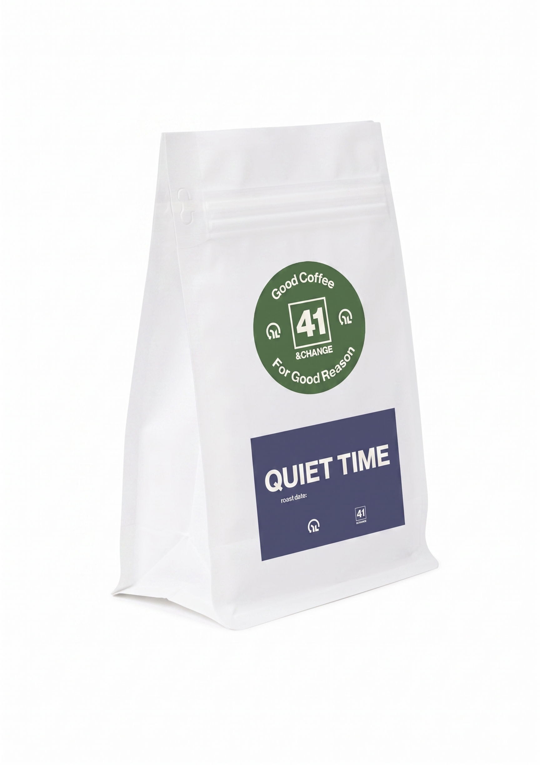 Quiet Time decaf dark roast coffee bag, right side angle