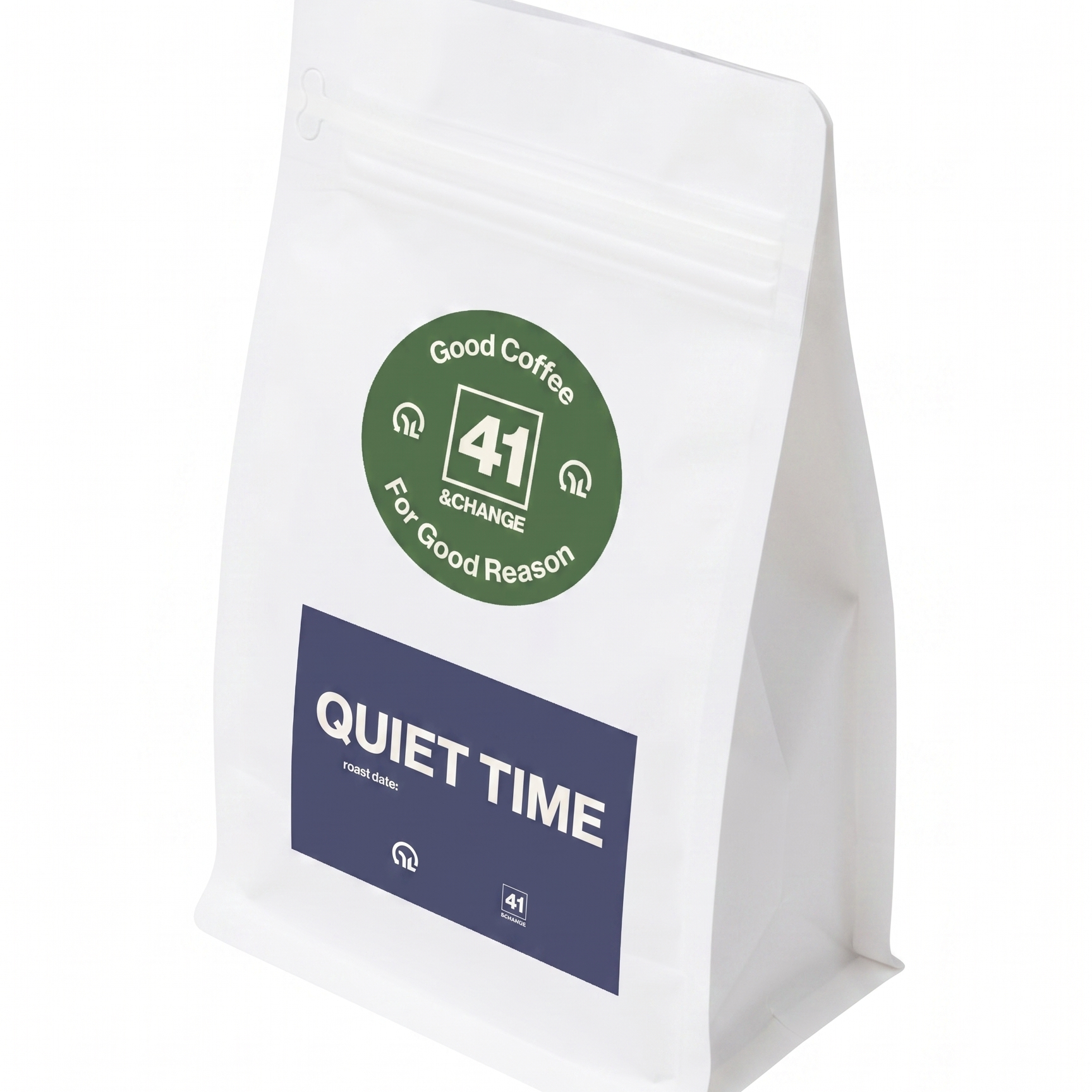 12oz Quiet Time decaf coffee bag standing upright, front angle