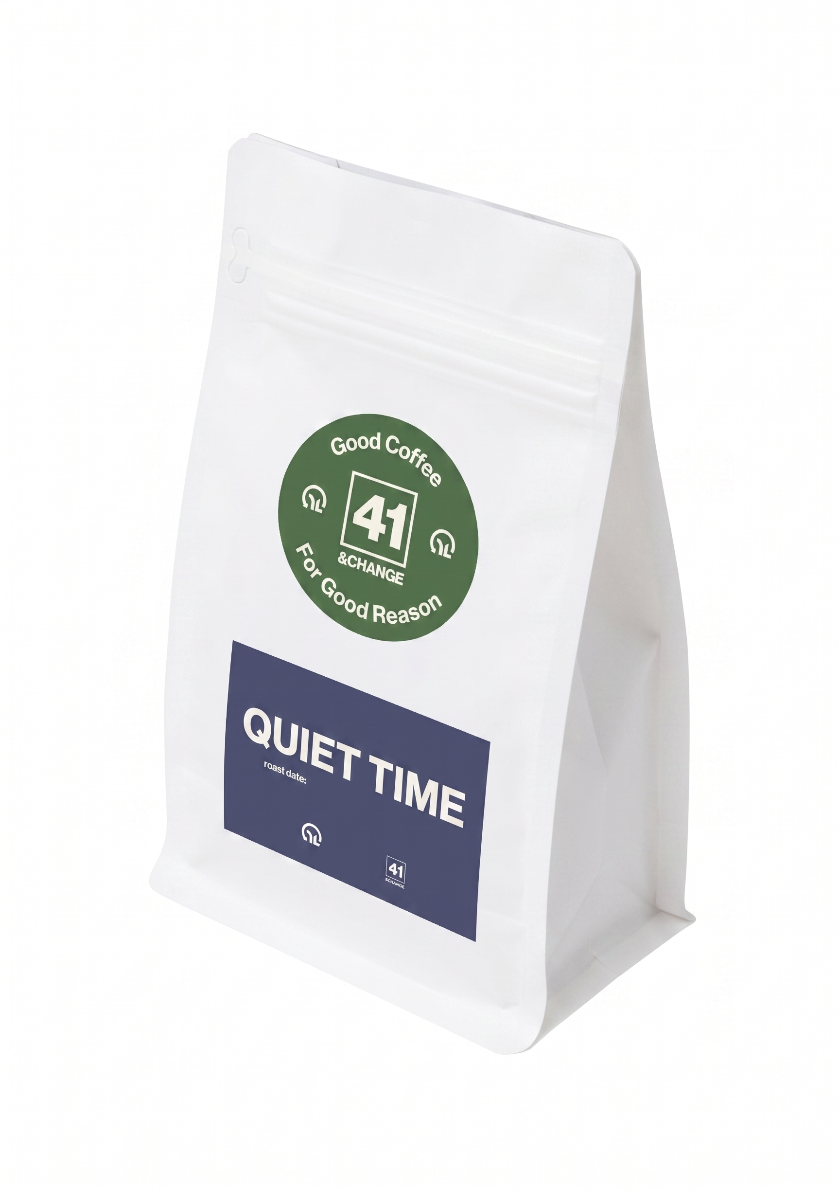 12oz Quiet Time decaf coffee bag standing upright, front angle