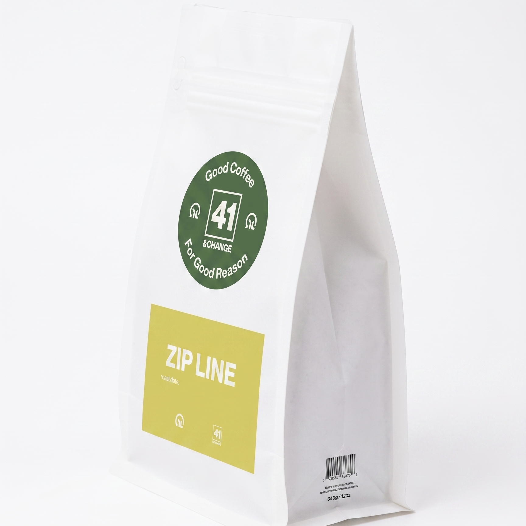 Zip Line espresso blend coffee bag, left side angle