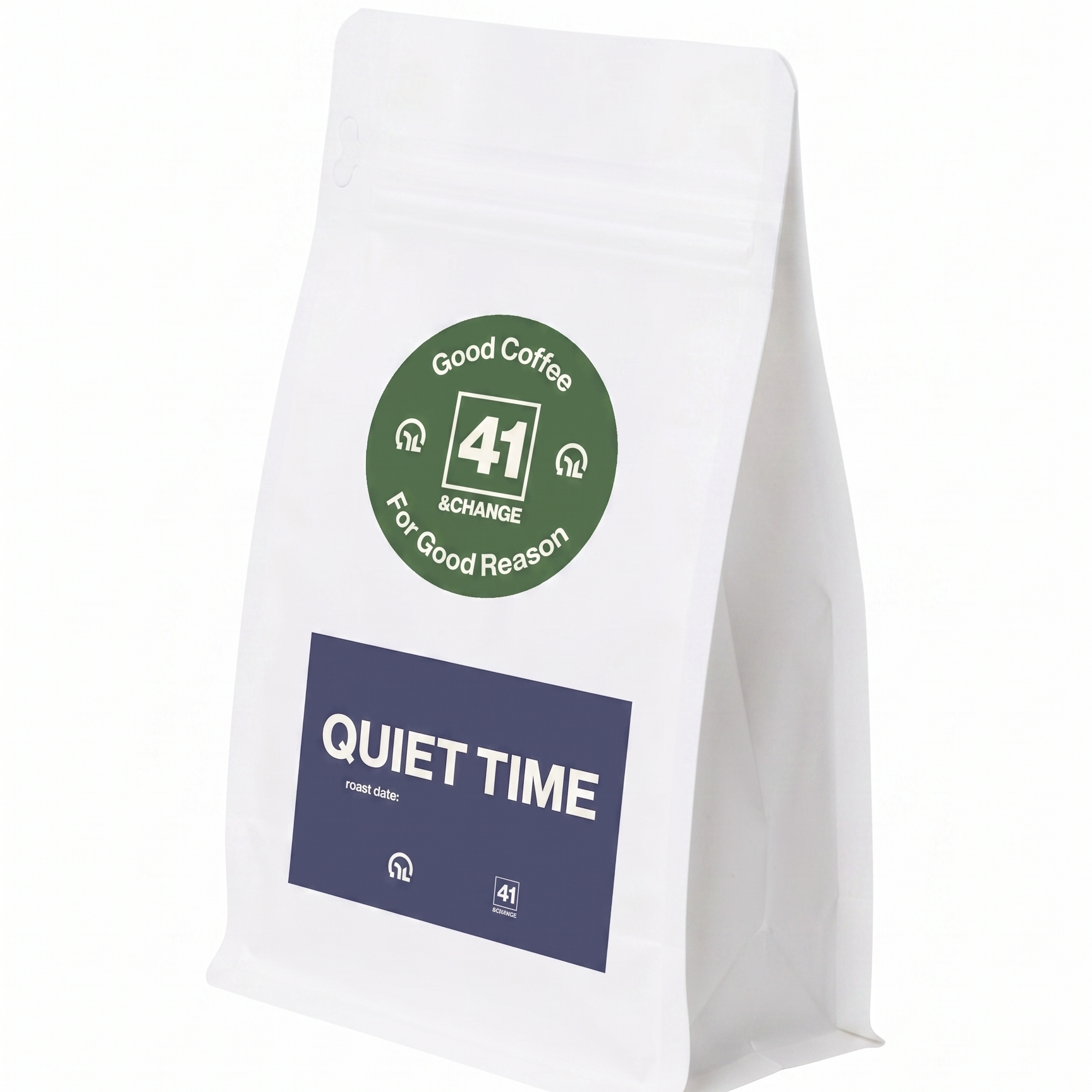 41&Change Quiet Time decaf coffee 12oz bag, front standing view