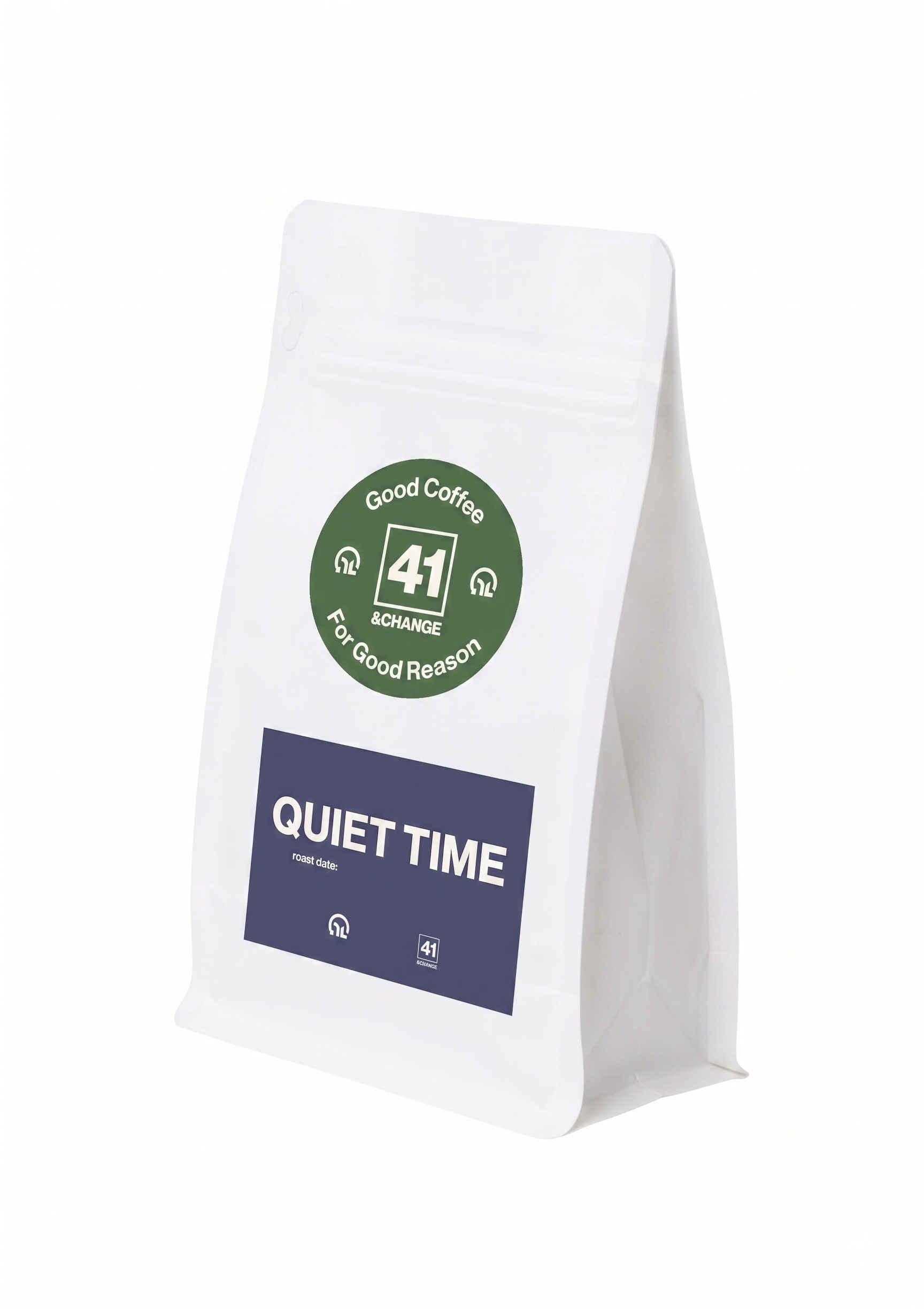 41&Change Quiet Time decaf coffee 12oz bag, front standing view