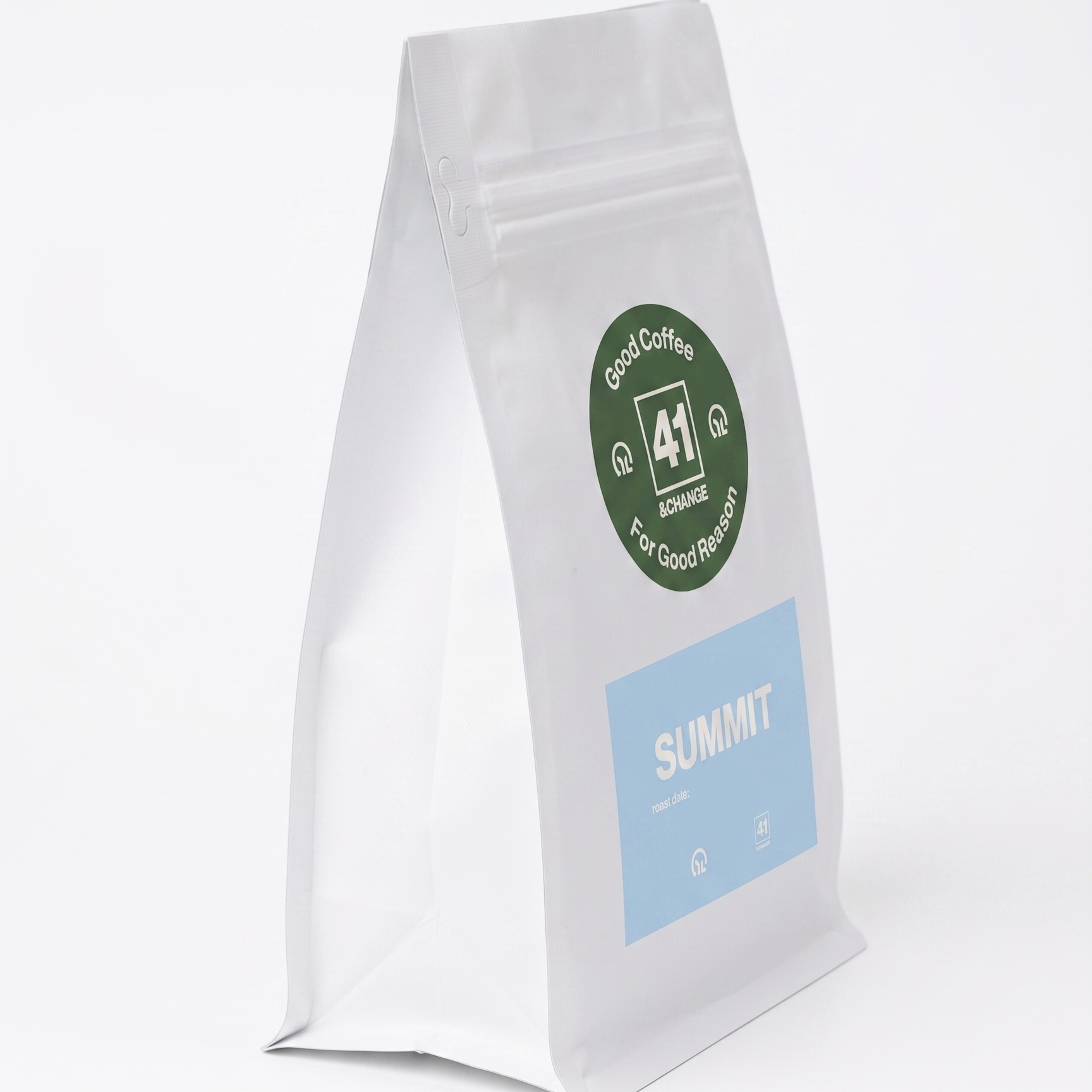 41&Change Summit light roast coffee 12oz bag, front standing view