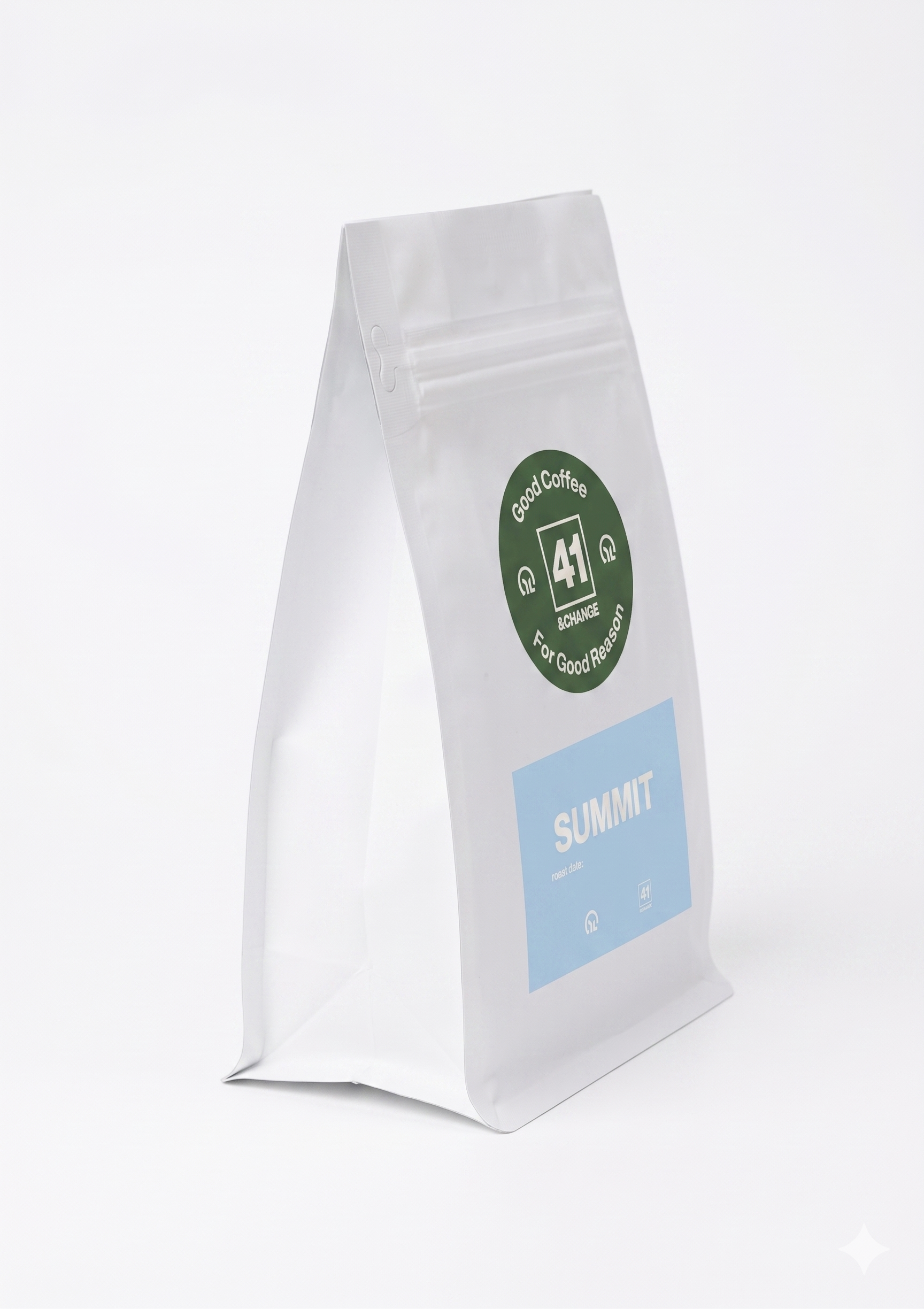 41&Change Summit light roast coffee 12oz bag, front standing view