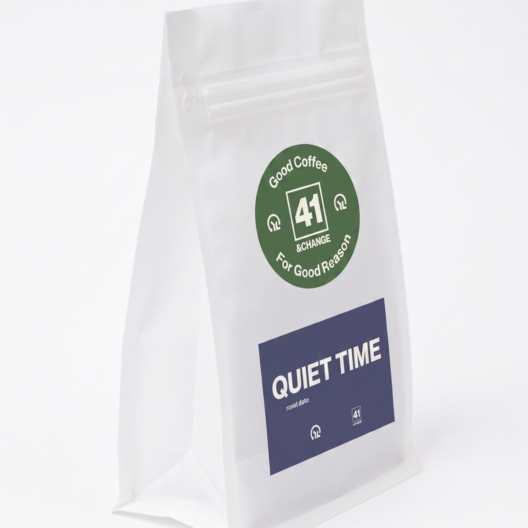 Quiet Time decaf dark roast coffee bag, left side angle