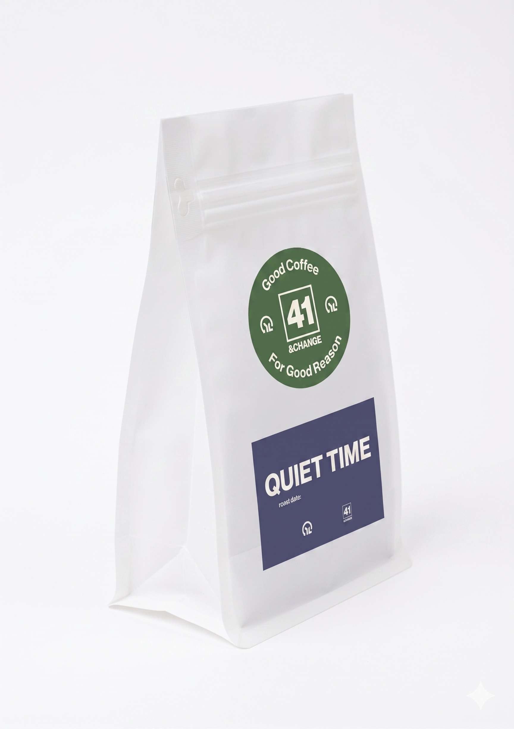 Quiet Time decaf dark roast coffee bag, left side angle