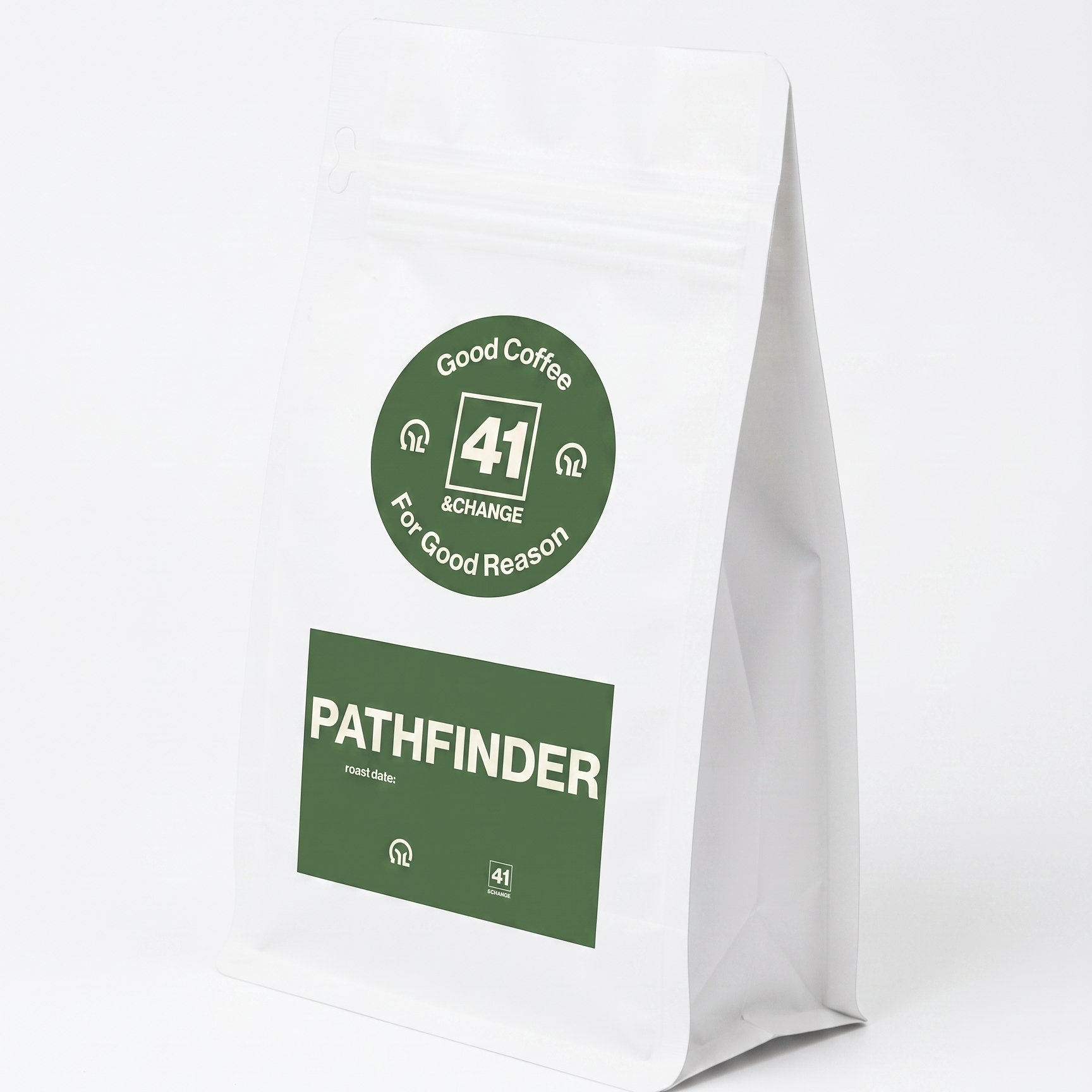 PathFinder dark roast coffee bag, left side angle