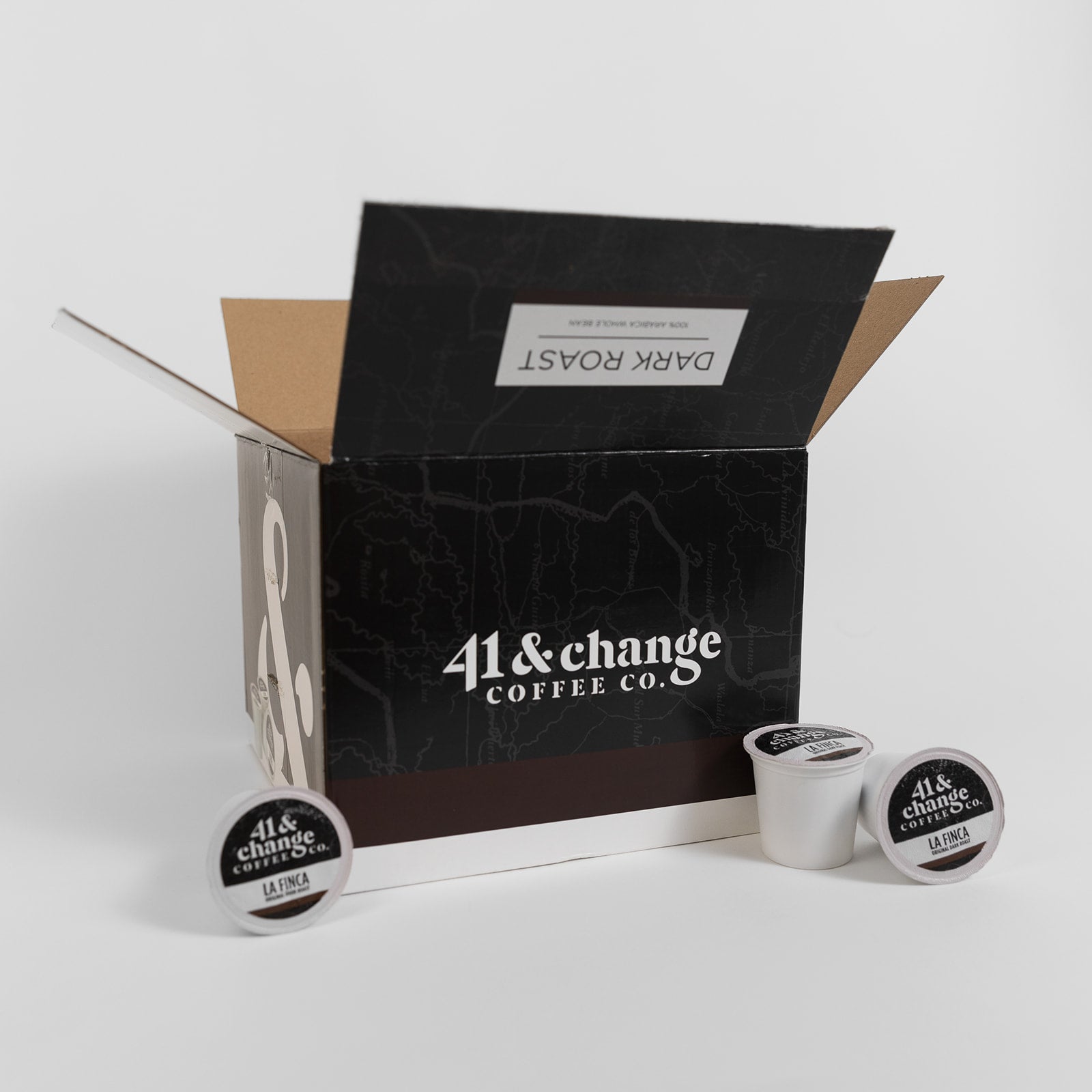 41&Change Dark Roast K-Cups box open with single-serve coffee pods, angled view