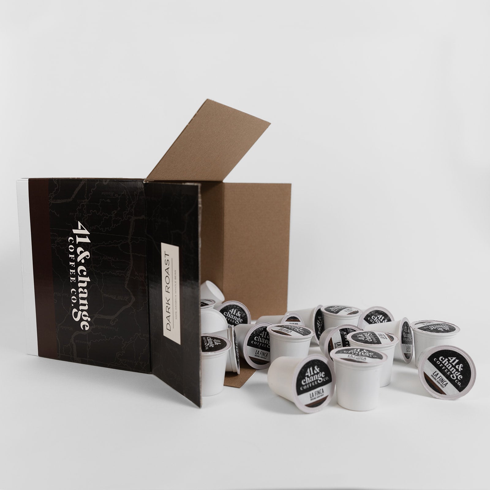 41&Change Dark Roast K-Cup coffee pods with open box packaging on white background