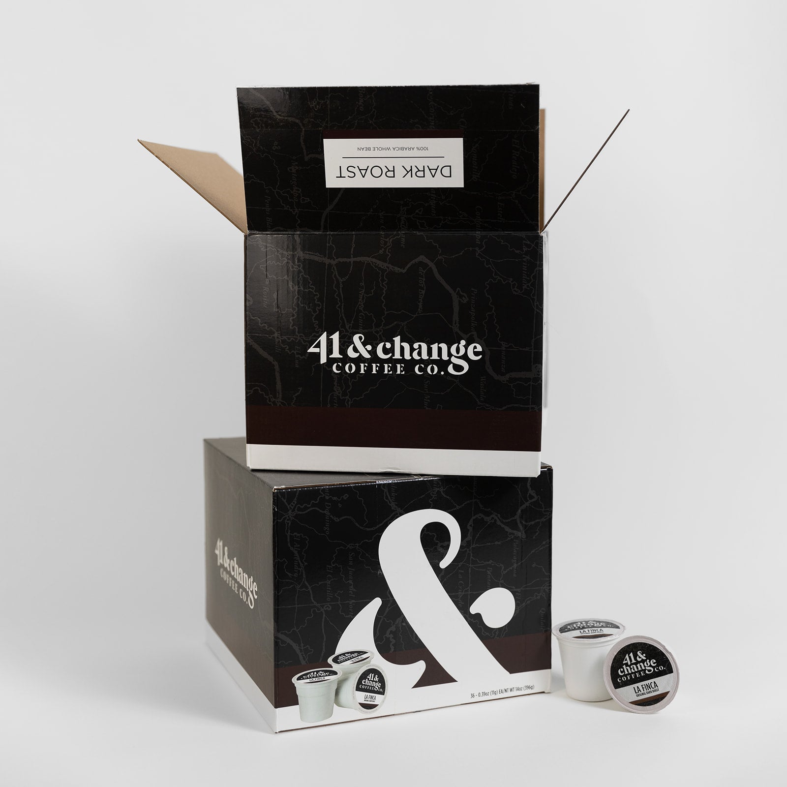 41&Change Dark Roast K-Cups box, open front view with black 41&Change Coffee Co. packaging